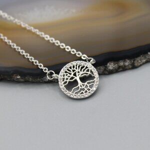 Necklace jewelry Family tree of life circle nature silver tone sparkly stones